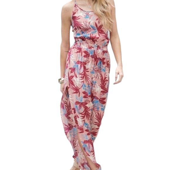 Floral Smocked Detail with Ruffle Jumpsuit - Pink - Picture 3 of 4